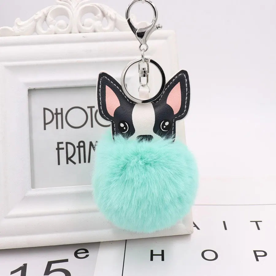 Boston Terrier Pom-Pom Keychain - Rabbit Fur & Platinum-Plated Charm