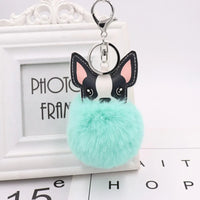 Boston Terrier Pom-Pom Keychain - Rabbit Fur & Platinum-Plated Charm