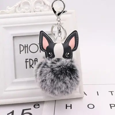 Boston Terrier Pom-Pom Keychain - Rabbit Fur & Platinum-Plated Charm