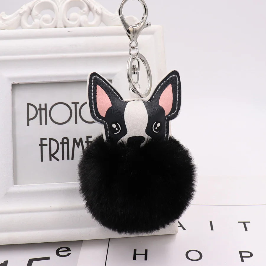 Boston Terrier Pom-Pom Keychain - Rabbit Fur & Platinum-Plated Charm