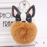 Boston Terrier Pom-Pom Keychain - Rabbit Fur & Platinum-Plated Charm