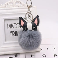 Boston Terrier Pom-Pom Keychain - Rabbit Fur & Platinum-Plated Charm