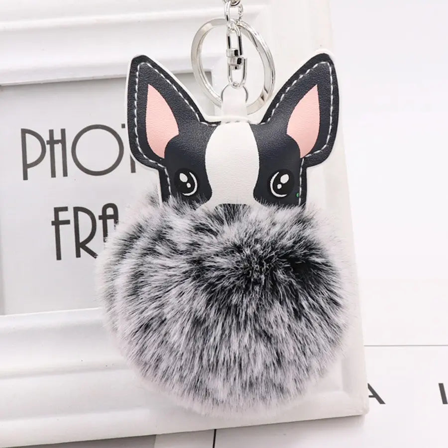 Boston Terrier Pom-Pom Keychain - Rabbit Fur & Platinum-Plated Charm