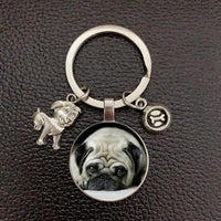 Pug Dog Keychain - Alloy Charm with Glass Pendant