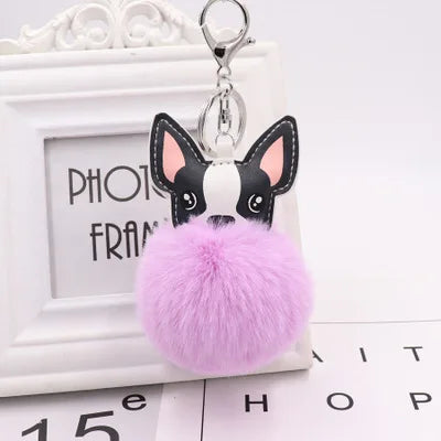 Boston Terrier Pom-Pom Keychain - Rabbit Fur & Platinum-Plated Charm