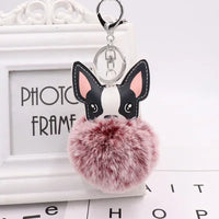 Boston Terrier Pom-Pom Keychain - Rabbit Fur & Platinum-Plated Charm