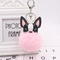 Boston Terrier Pom-Pom Keychain - Rabbit Fur & Platinum-Plated Charm