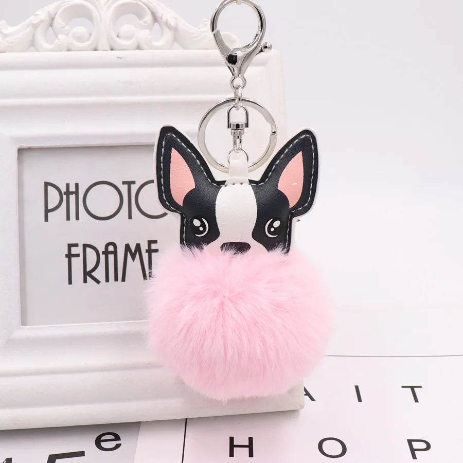 Boston Terrier Pom-Pom Keychain - Rabbit Fur & Platinum-Plated Charm