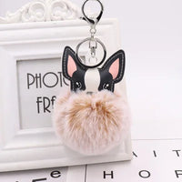 Boston Terrier Pom-Pom Keychain - Rabbit Fur & Platinum-Plated Charm