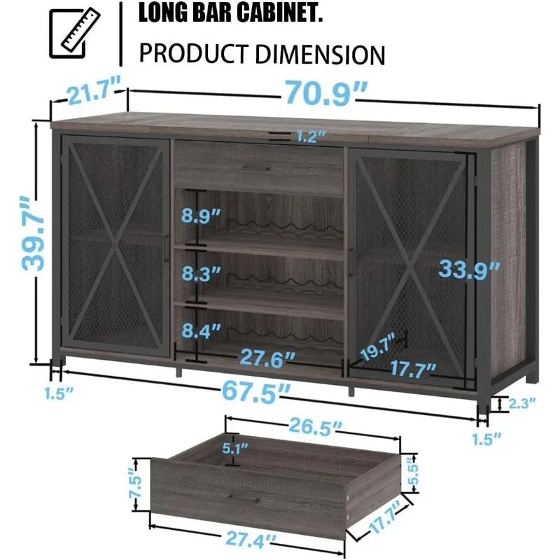 Modern Industrial Wine and Coffee Bar Cabinet with Storage Shelves and Mesh Doors