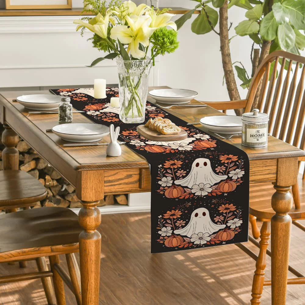 Halloween Ghost and Pumpkin Table Runner – Floral Spooky Decor for Festive Tables