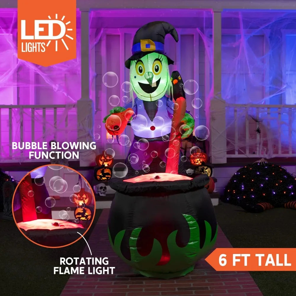 6 ft Inflatable Witch with Rotating Head & Bubble Blowing Cauldron – Halloween Yard Decoration with LED Lights