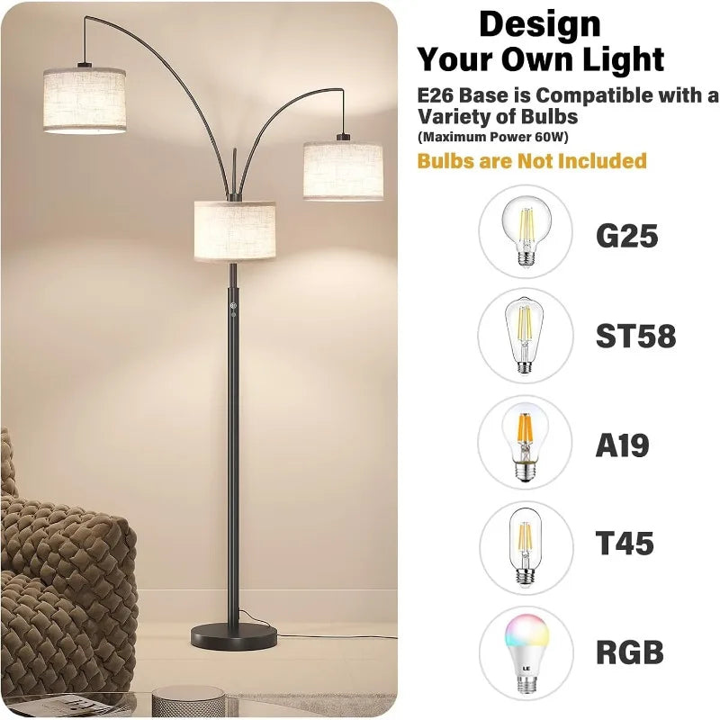 Modern 3-Arm Arc Floor Lamp with Linen Drum Shades - Adjustable Dimmable Lighting