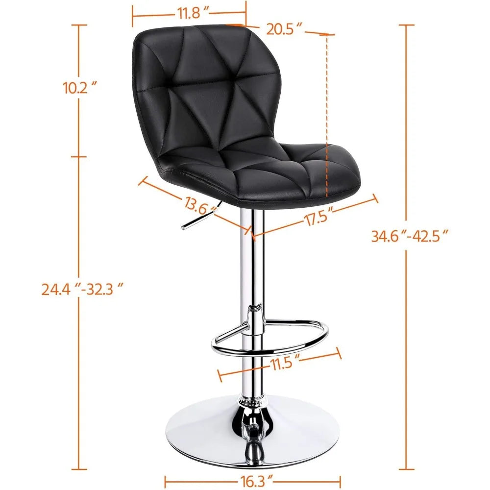 Set of 2 Adjustable Swivel Bar Stools with Padded Seats and Chrome Base – Modern Black Faux Leather Counter Height Chairs