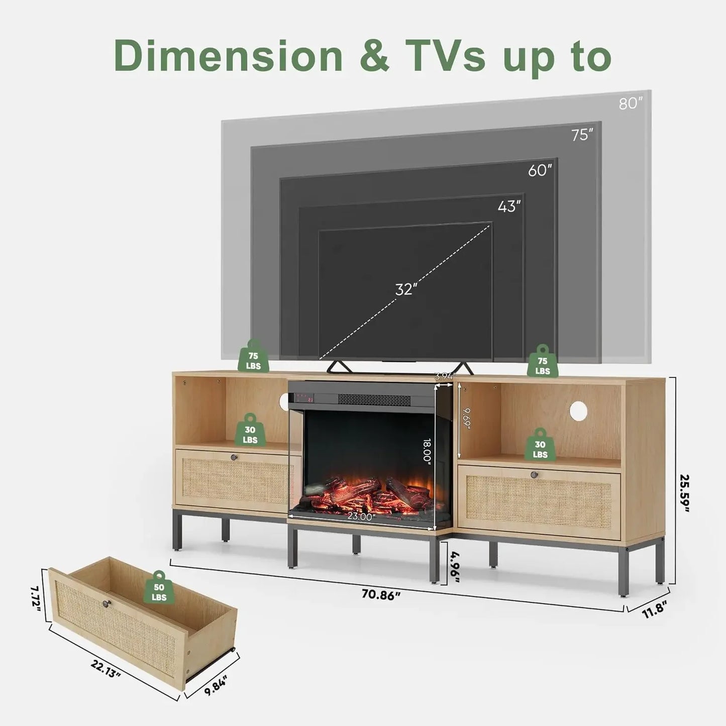 Modern Boho TV Stand with Built-In Electric Fireplace, Rattan Accents, and Storage Shelves