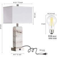 Set of 2 Marble Finish Touch Control Table Lamps with USB Charging Ports - Modern Rectangular Design