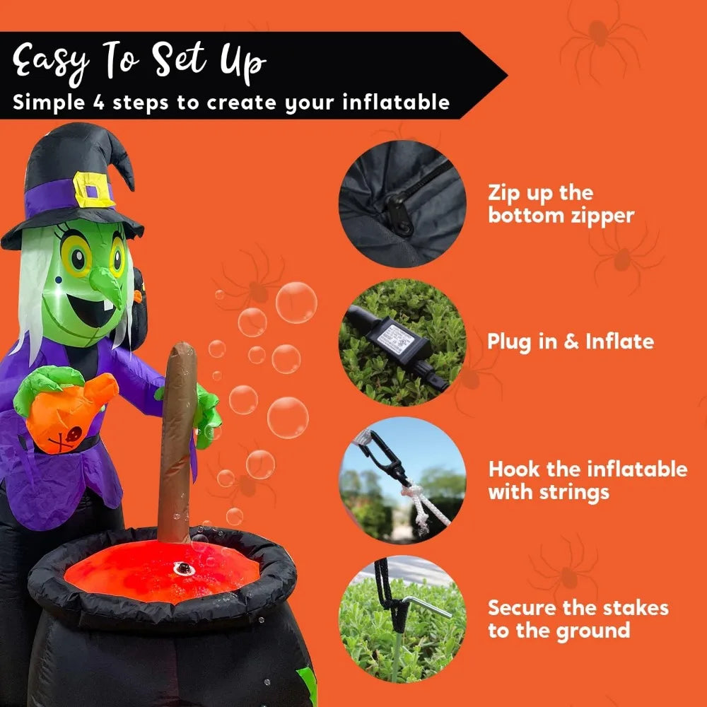 6 ft Inflatable Witch with Rotating Head & Bubble Blowing Cauldron – Halloween Yard Decoration with LED Lights