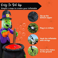 6 ft Inflatable Witch with Rotating Head & Bubble Blowing Cauldron – Halloween Yard Decoration with LED Lights