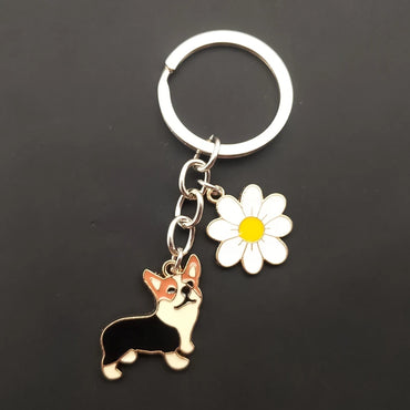 Corgi & Daisy Keychain Set - Zinc Alloy with Antique Silver Plating