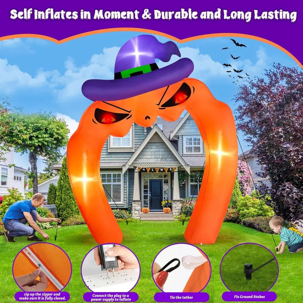 10ft Giant Inflatable Pumpkin with Witch Hat – Spooky Halloween Yard Decoration with LED Lights