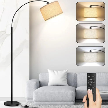 Dimmable Arc Floor Lamp with Remote Control - Adjustable Modern Standing Lamp with Linen Shade