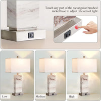 Set of 2 Marble Finish Touch Control Table Lamps with USB Charging Ports - Modern Rectangular Design