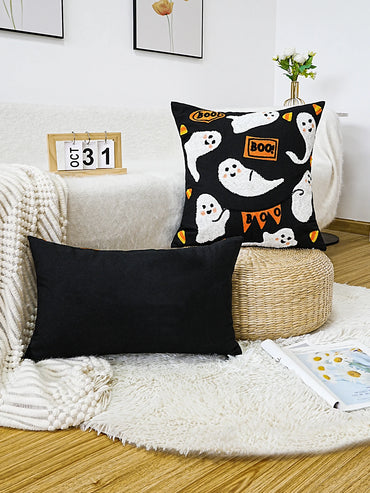 Ghostly Boo Halloween Pillowcase - Plush Cushion Cover - Embroidered