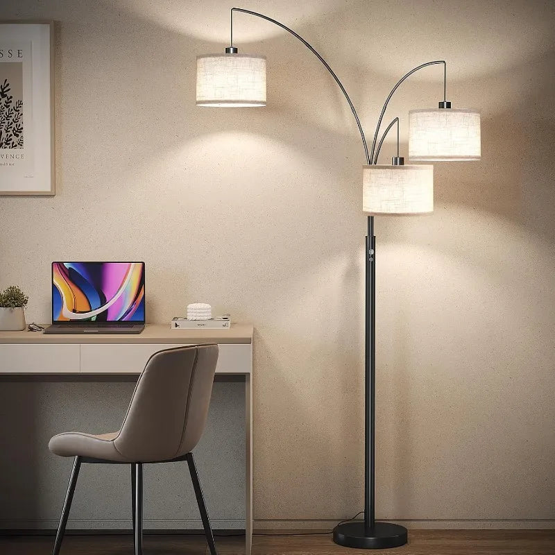 Modern 3-Arm Arc Floor Lamp with Linen Drum Shades - Adjustable Dimmable Lighting