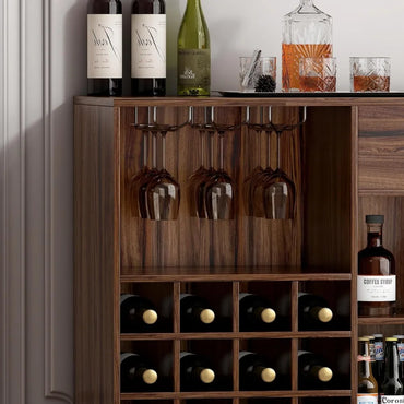 Mid-Century Modern Bar Cabinet with Wine Storage, Glass Holders, and Ample Shelving - Walnut Finish