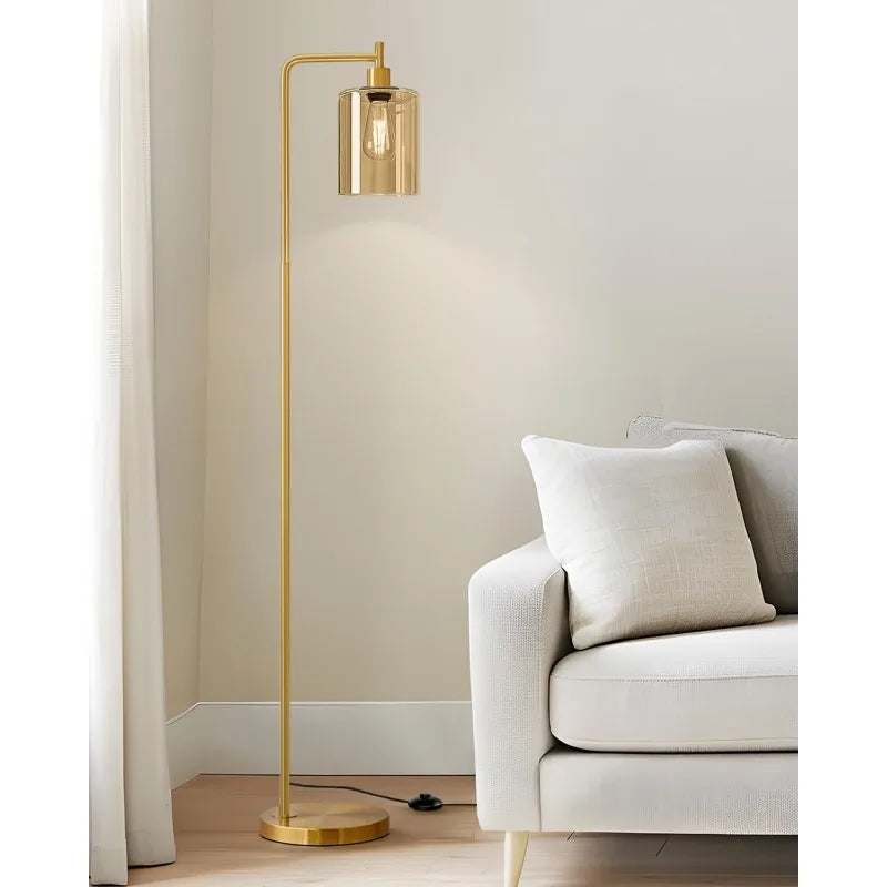 Modern Floor Lamp with Amber Glass Shade - Sleek Industrial Design