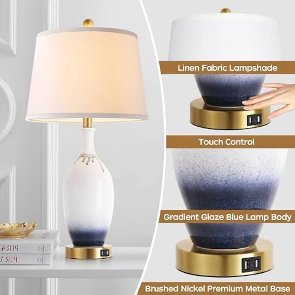 Set of 2 Ceramic Touch Control Table Lamps with USB Charging Ports - Elegant Gradient Finish