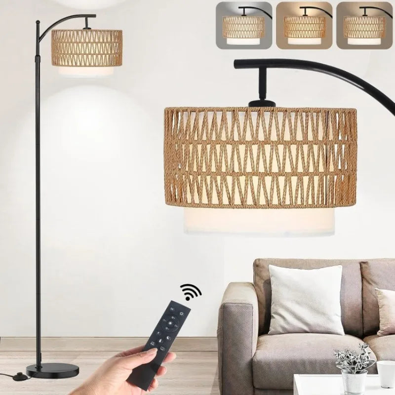 Modern Boho Arc Floor Lamp with Remote Control - Rattan Shade & Dimmable LED Lighting