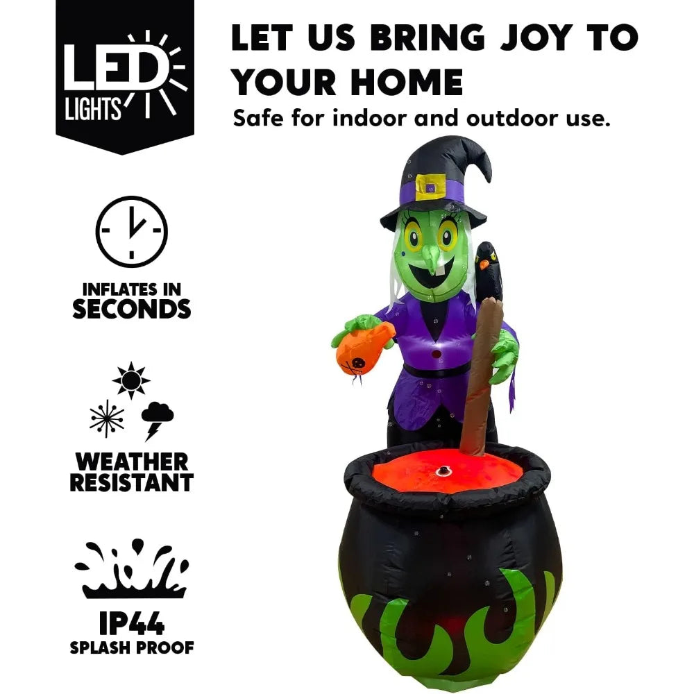 6 ft Inflatable Witch with Rotating Head & Bubble Blowing Cauldron – Halloween Yard Decoration with LED Lights