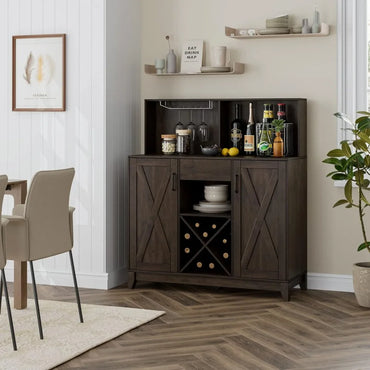 Rustic Modern Bar Cabinet with Wine Storage, Glass Holder, and Shelving - Farmhouse Buffet for Kitchen and Dining Room