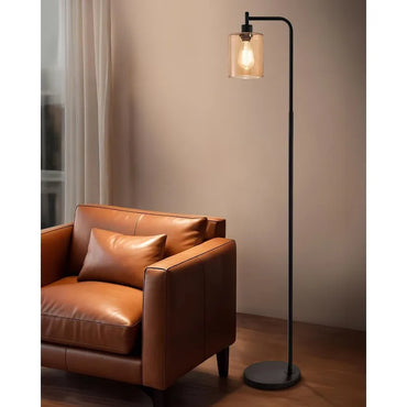 Modern Floor Lamp with Amber Glass Shade - Sleek Industrial Design