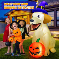 Giant Halloween Inflatable Lab Dog with Witch Hat and Pumpkin – Spooky Lighted Yard Decoration