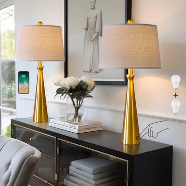 Set of 2 Modern Touch Control Table Lamps with USB Charging Ports, Available in Gold, Silver, and Black, Dimmable