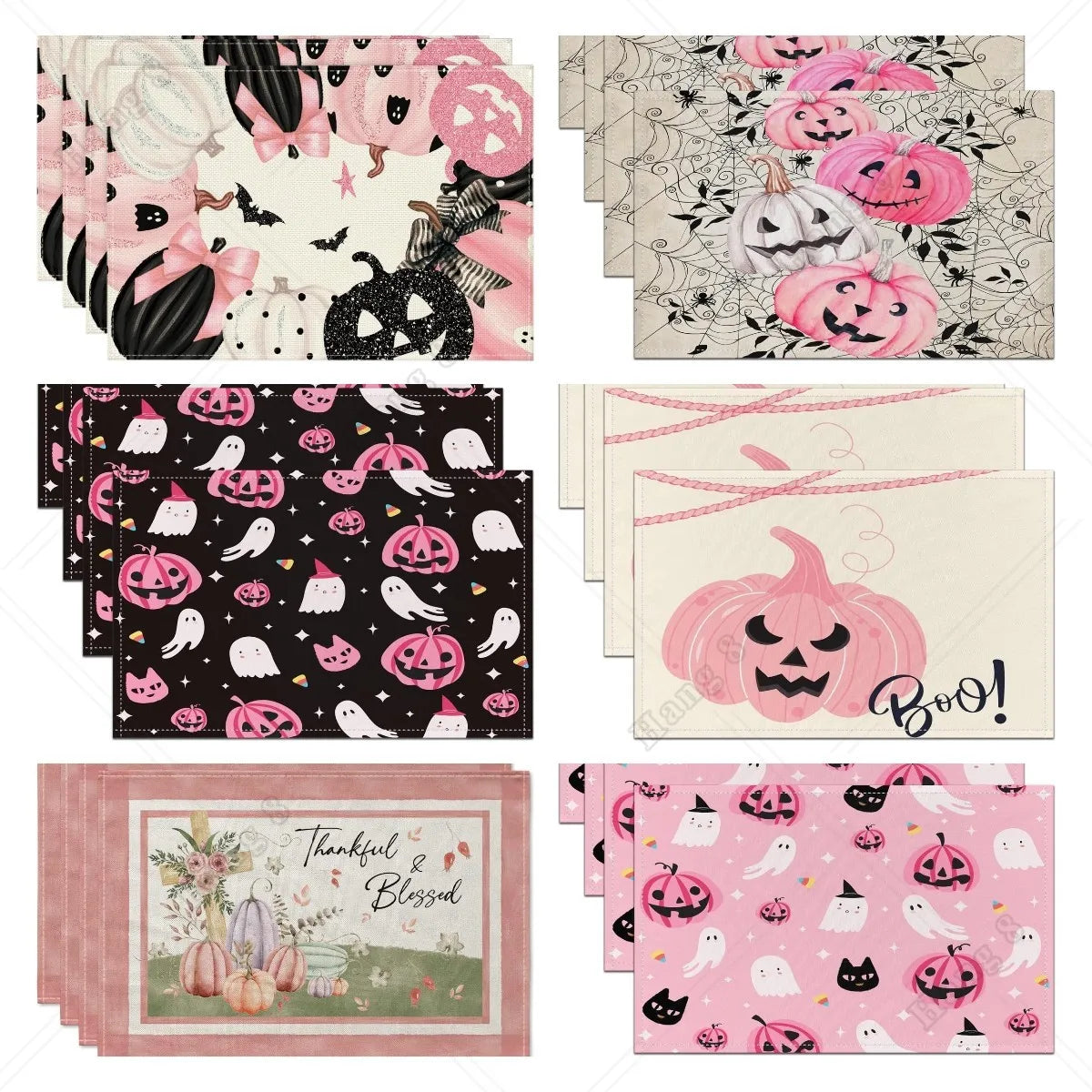 Set of 4 Halloween Placemats: Pink Pumpkin & Ghost Designs