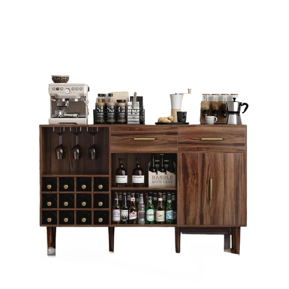 Mid-Century Modern Bar Cabinet with Wine Storage, Glass Holders, and Ample Shelving - Walnut Finish