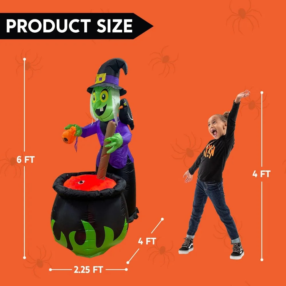 6 ft Inflatable Witch with Rotating Head & Bubble Blowing Cauldron – Halloween Yard Decoration with LED Lights