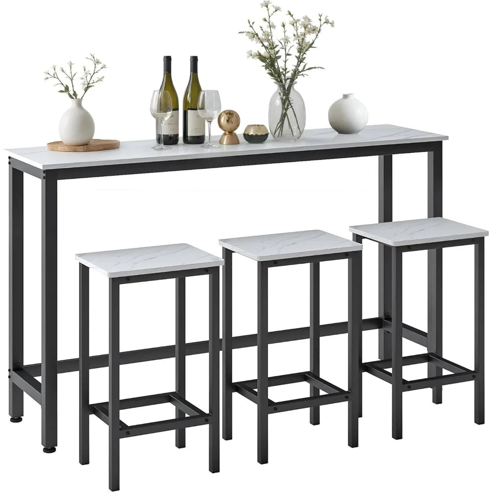 Contemporary 3-Piece Bar Table Set with Faux Marble Top and Long Counter Height Stools