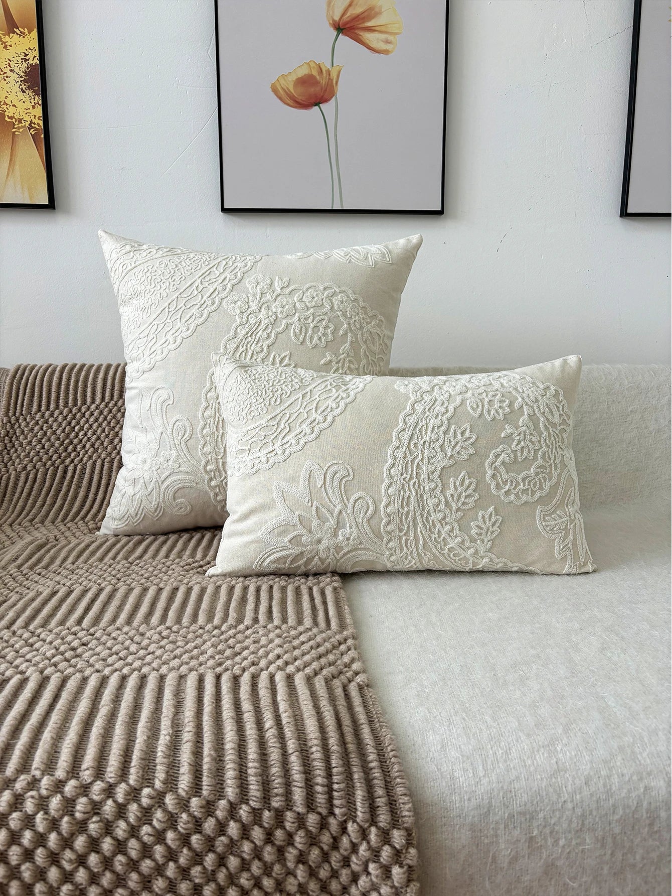 Elegant Embroidered Throw Pillow - Luxurious Floral Design in Cream