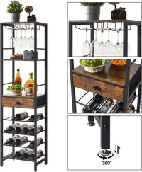 Industrial Wine Rack with Glass Holder and Storage Drawer - Tall Bar Cabinet for Home and Kitchen