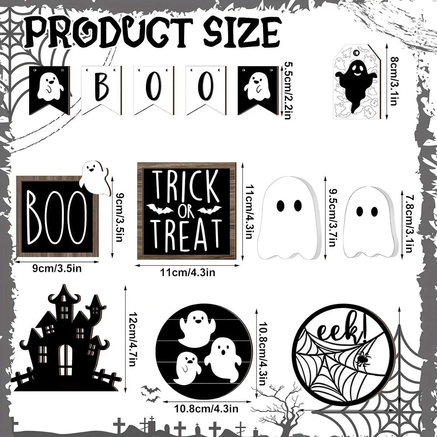 9-Piece Halloween Tiered Tray Decor Set – Wooden Ghost, Bat & Boo Signs for Spooky Displays