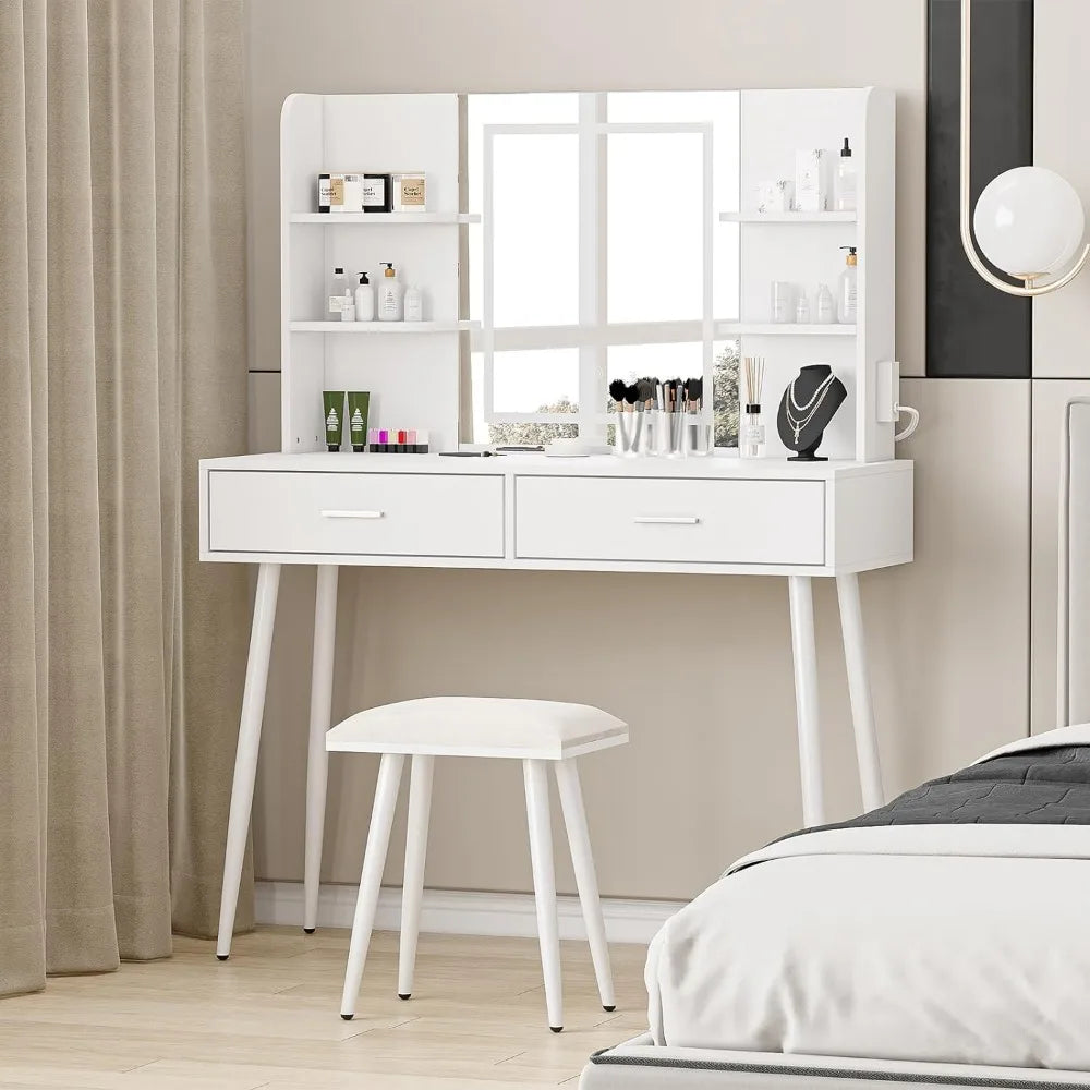 Makeup Table With Stool and Mirror - White