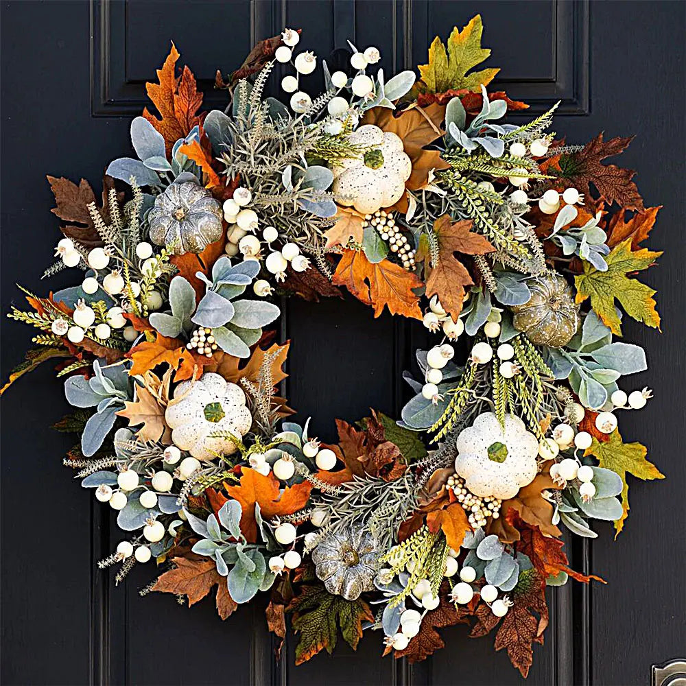 Autumn Harvest Wreath with White Pumpkins and Berries – 15.75 Inches