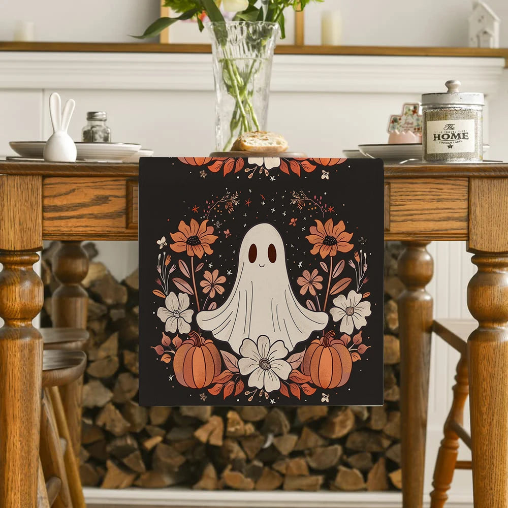 Halloween Ghost and Pumpkin Table Runner – Floral Spooky Decor for Festive Tables