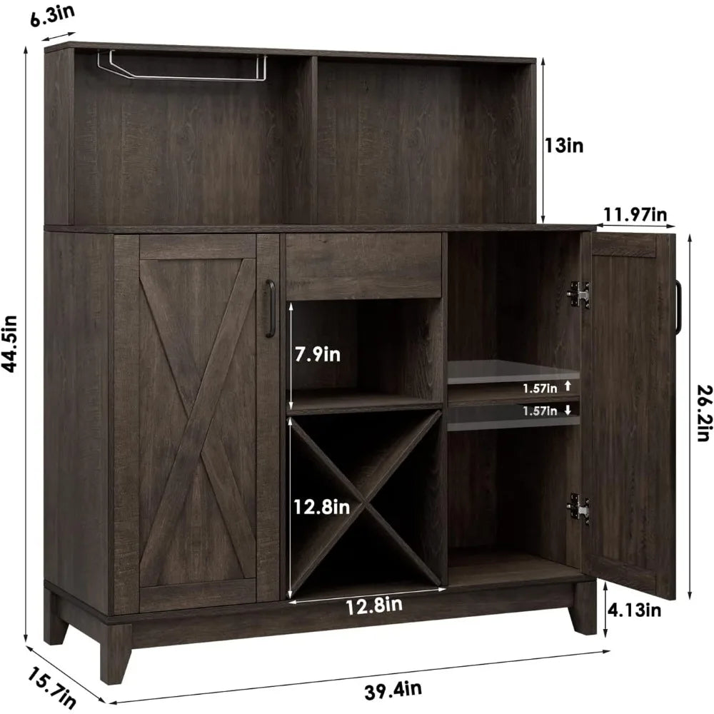 Rustic Modern Bar Cabinet with Wine Storage, Glass Holder, and Shelving - Farmhouse Buffet for Kitchen and Dining Room