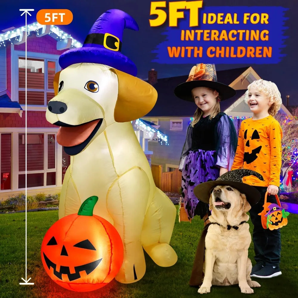 Giant Halloween Inflatable Lab Dog with Witch Hat and Pumpkin – Spooky Lighted Yard Decoration