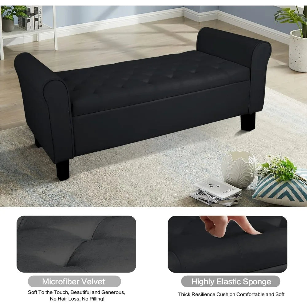 Tufted Velvet Storage Bench with Rolled Arms - Available in Black and Grey